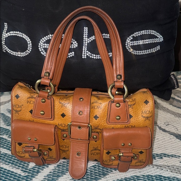 MCM Cognac Logo Double Pocket Satchel in Tan - Picture 2 of 13